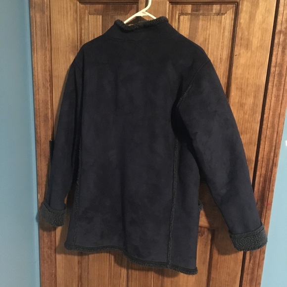 L.L. Bean Navy Faux Suede Sherpa Lined Jacket Coat Button Closure - Picture 5 of 8